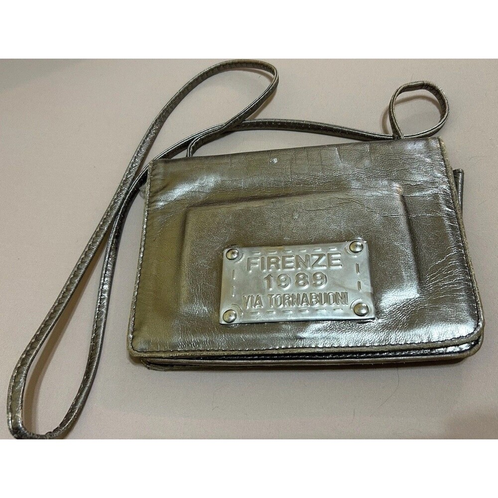 Vintage 80s Polly Bergen Firenze 1989 Metallic Silver Leather Cross Body Clutch